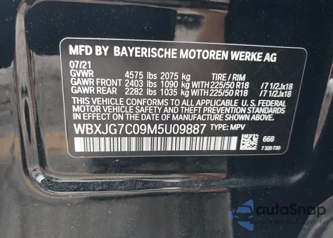 2021 BMW X1 Sdrive28I из США, поврежденный, VIN WBXJG7C09M5U09887